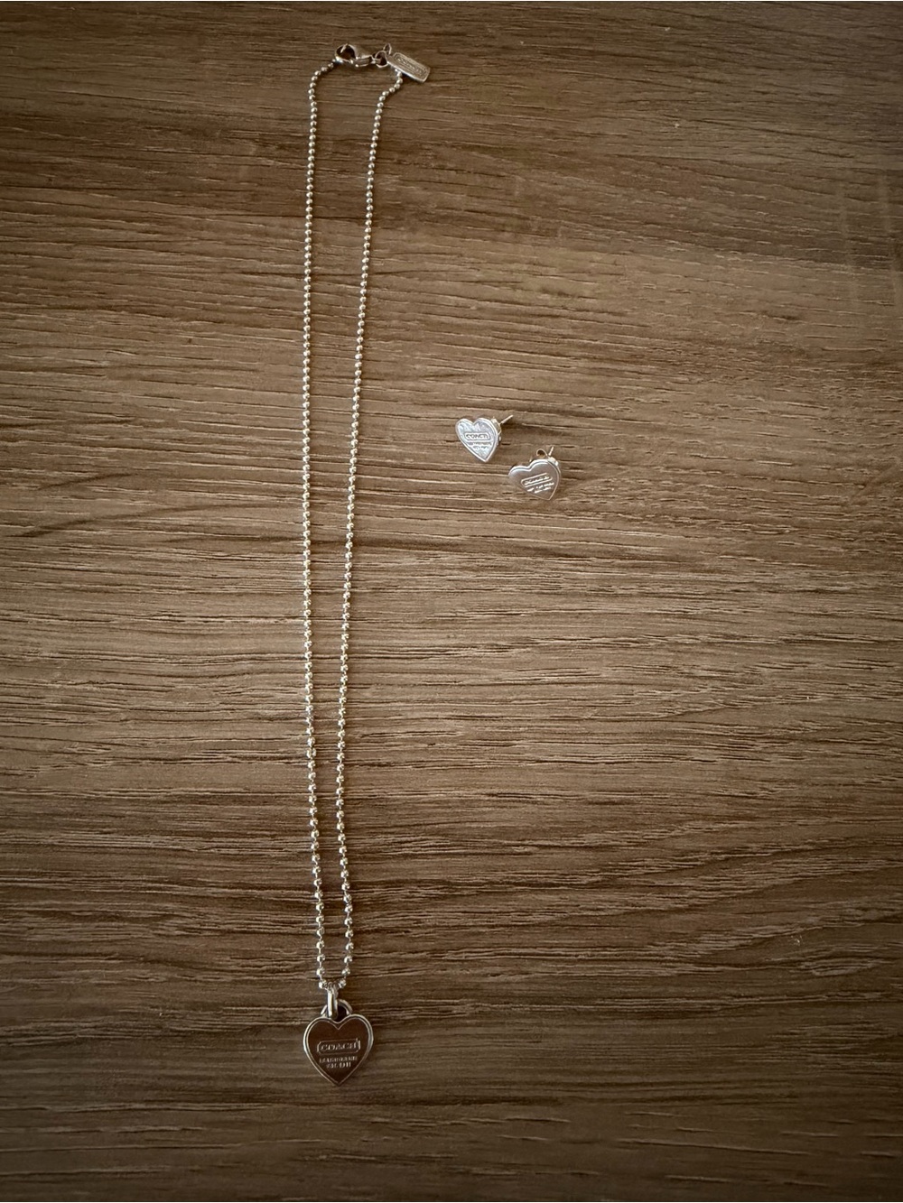 Coach Vintage Heritage Tag Sterling Silver Heart Pendant Necklace Earrings Set